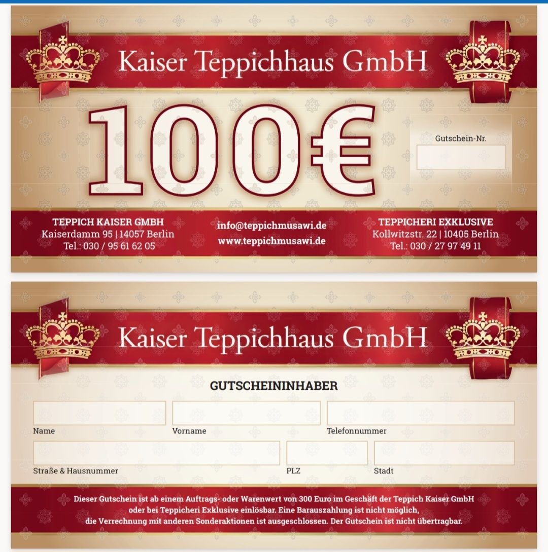 Gutschein für Einkauf, Reparatur und Reinigung von Orientteppichen.
